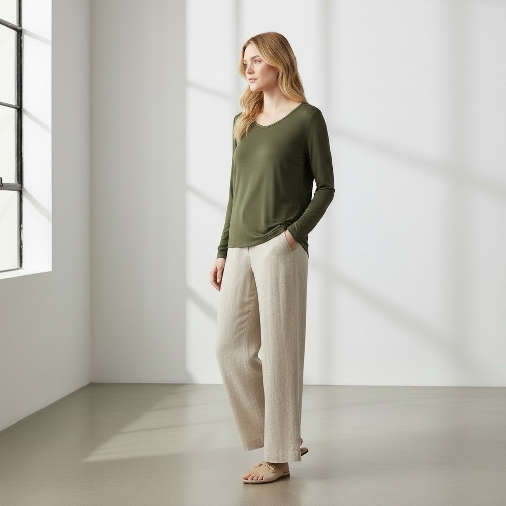 Eileen Fisher 100% Capsule Quiet Luxury Preppy Crew Neck Top L Green Long Sleeve